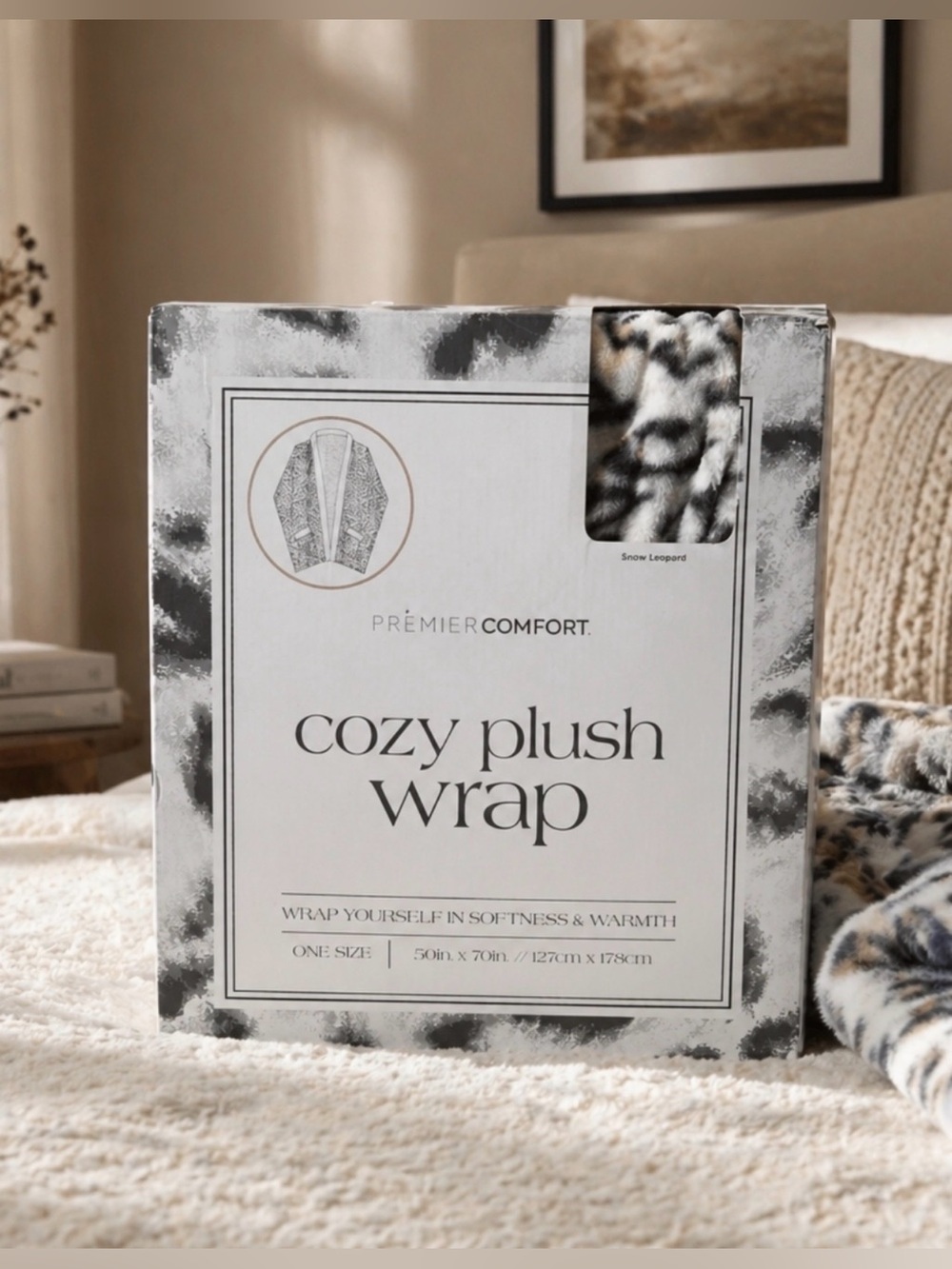Premier Comfort Cozy Plush Wrap in the Snow Leopard pattern- NEW